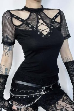 Y2K Gothic Punk Cut Out Mesh T-shirt - Retro 90s Grunge, Summer Y2K Outfits, Pastel Goth Style