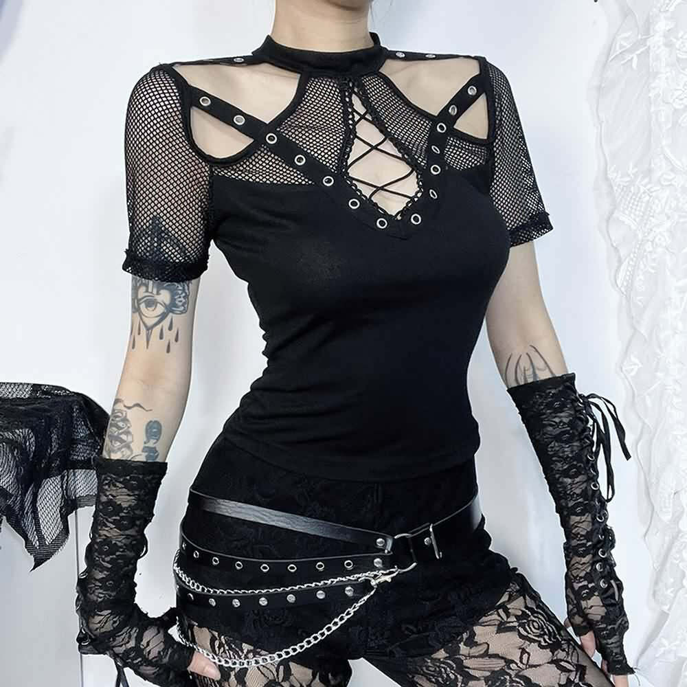 Y2K Gothic Punk Cut Out Mesh T-shirt - Retro 90s Grunge, Summer Y2K Outfits, Pastel Goth Style