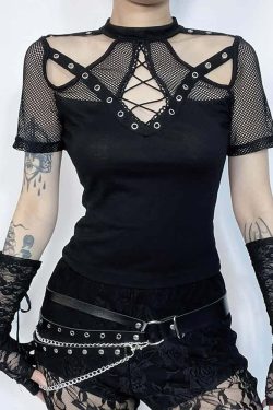 Y2K Gothic Punk Cut Out Mesh T-shirt - Retro 90s Grunge, Summer Y2K Outfits, Pastel Goth Style