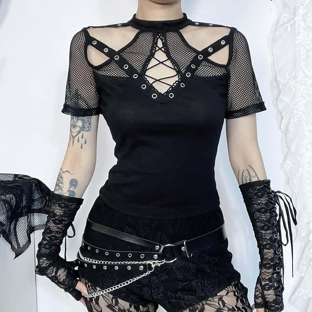 Y2K Gothic Punk Cut Out Mesh T-shirt - Retro 90s Grunge, Summer Y2K Outfits, Pastel Goth Style