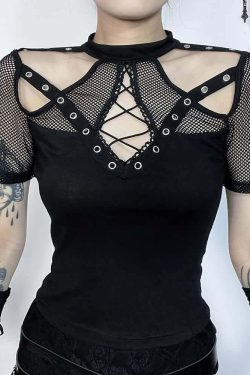 Y2K Gothic Punk Cut Out Mesh T-shirt - Retro 90s Grunge, Summer Y2K Outfits, Pastel Goth Style