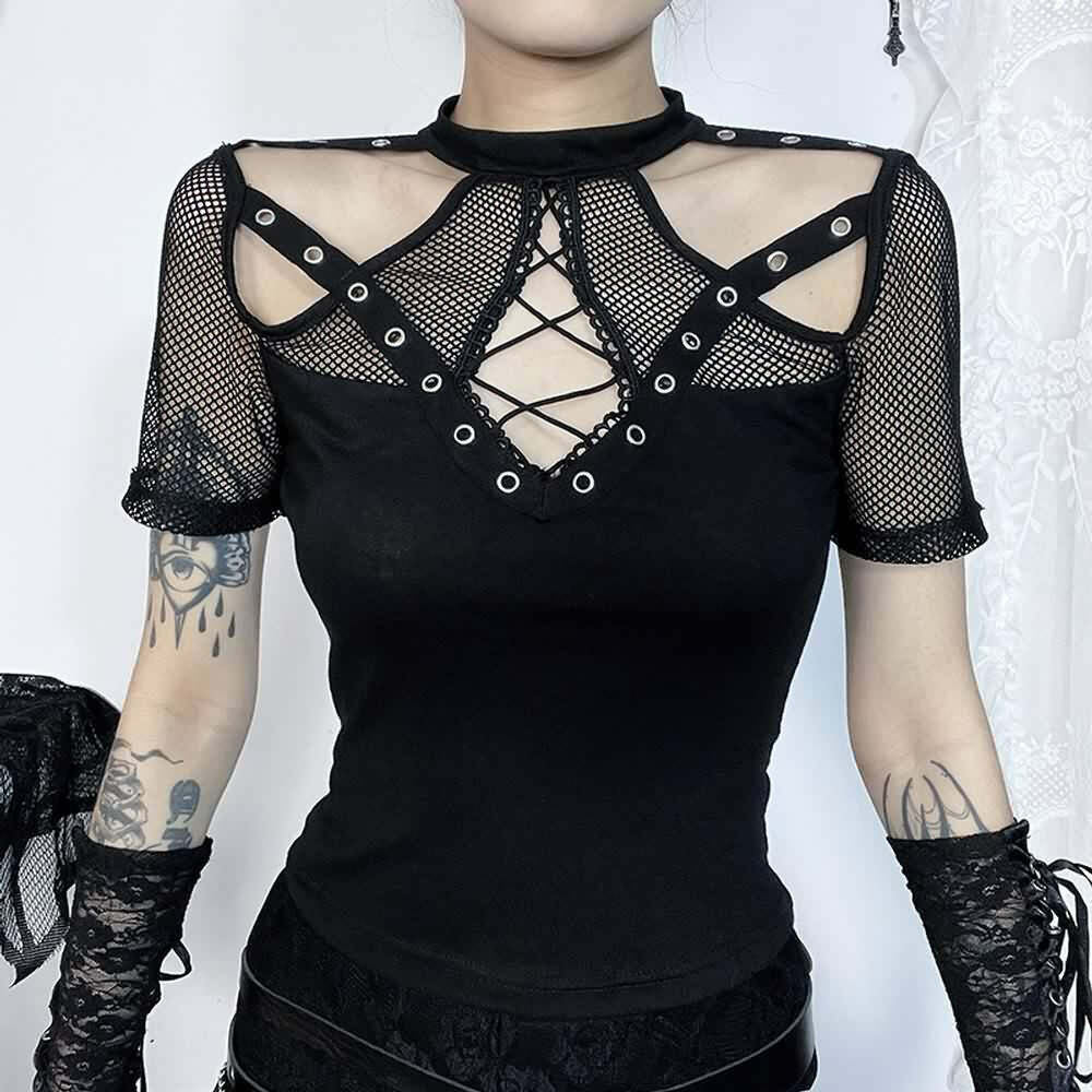 Y2K Gothic Punk Cut Out Mesh T-shirt - Retro 90s Grunge, Summer Y2K Outfits, Pastel Goth Style