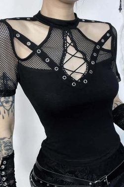 Y2K Gothic Punk Cut Out Mesh T-shirt - Retro 90s Grunge, Summer Y2K Outfits, Pastel Goth Style