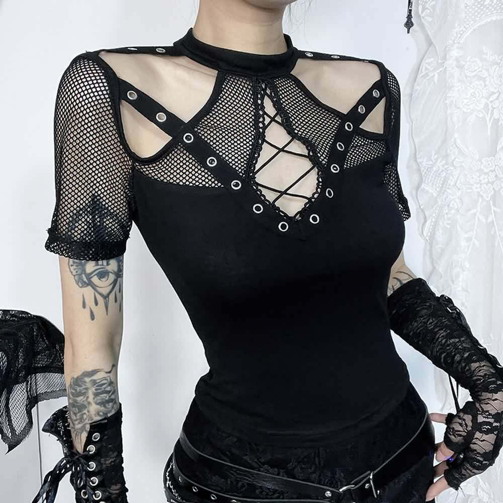 Y2K Gothic Punk Cut Out Mesh T-shirt - Retro 90s Grunge, Summer Y2K Outfits, Pastel Goth Style