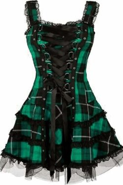 Y2K Gothic Punk Dark Plaid A-line Dress - 90s Grunge Summer Outfit, Retro Y2K Fashion