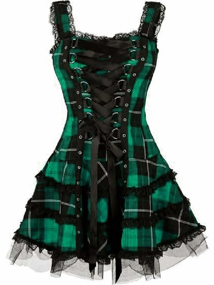 Y2K Gothic Punk Dark Plaid A-line Dress - 90s Grunge Summer Outfit, Retro Y2K Fashion