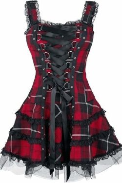 Y2K Gothic Punk Dark Plaid A-line Dress - 90s Grunge Summer Outfit, Retro Y2K Fashion