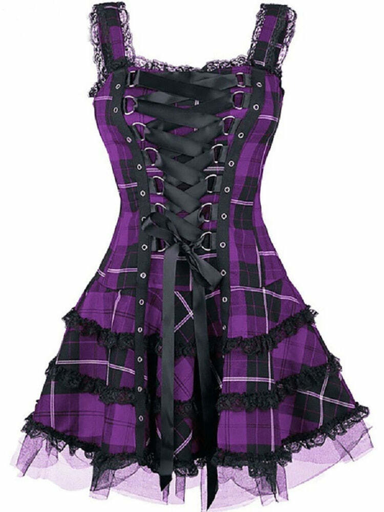 Y2K Gothic Punk Dark Plaid A-line Dress - 90s Grunge Summer Outfit, Retro Y2K Fashion