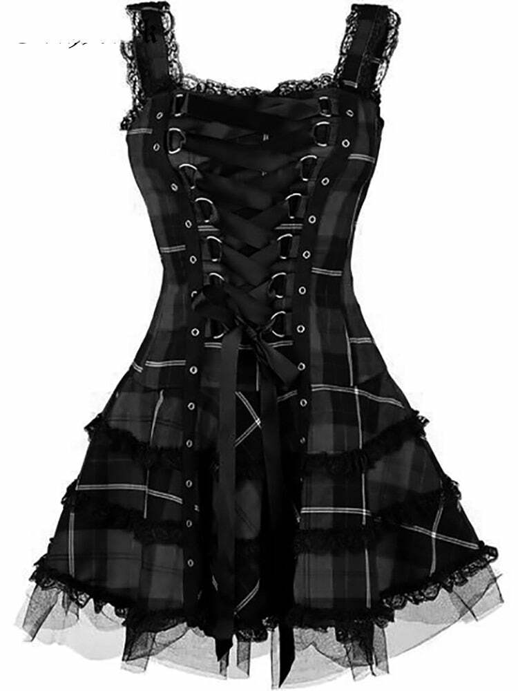 Y2K Gothic Punk Dark Plaid A-line Dress - 90s Grunge Summer Outfit, Retro Y2K Fashion