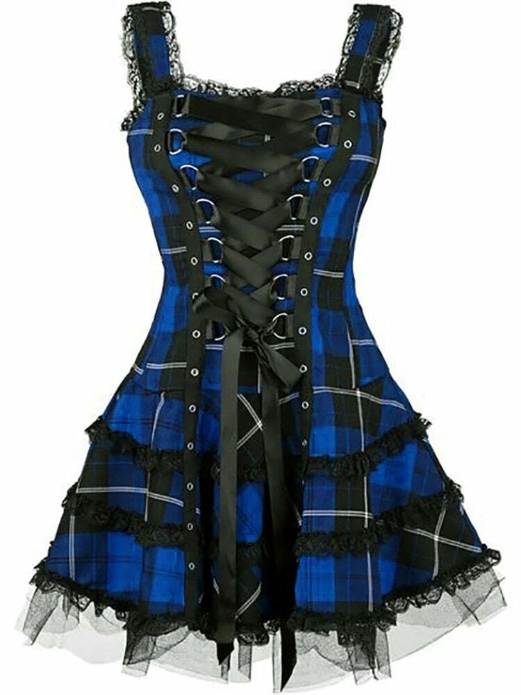 Y2K Gothic Punk Dark Plaid A-line Dress - 90s Grunge Summer Outfit, Retro Y2K Fashion
