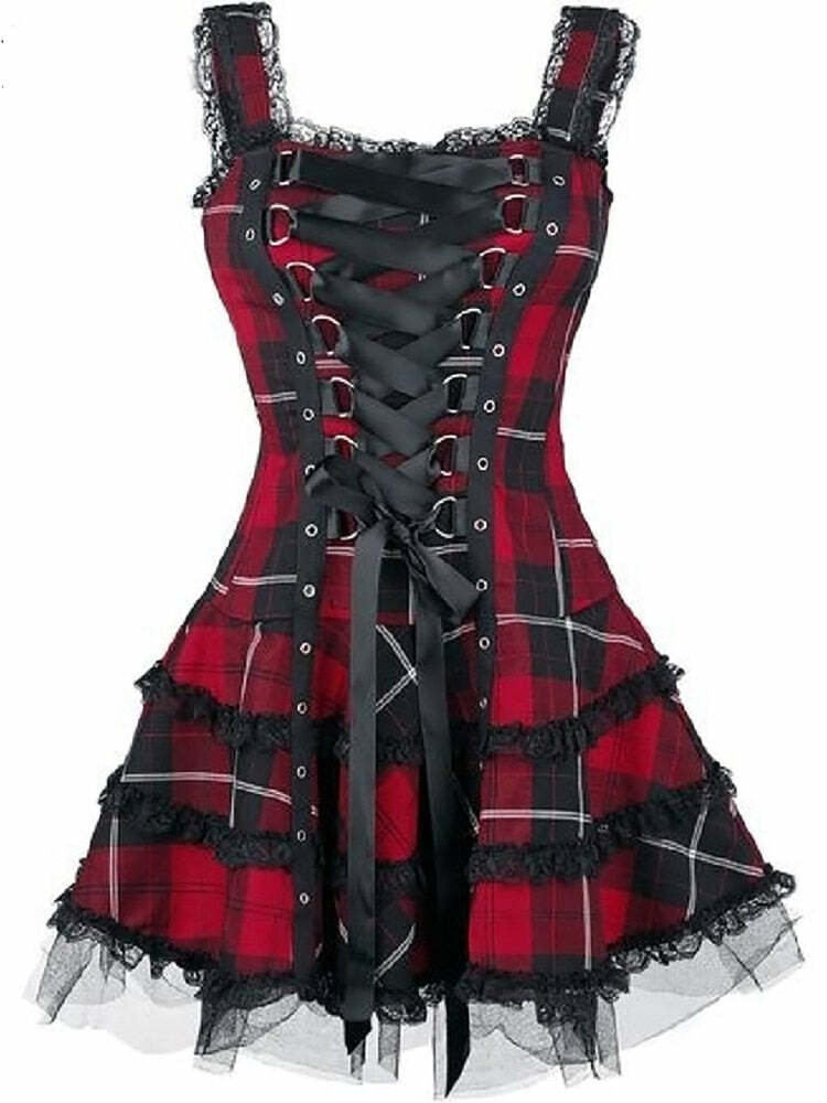 Y2K Gothic Punk Dark Plaid A-line Dress - 90s Grunge Summer Outfit, Retro Y2K Fashion