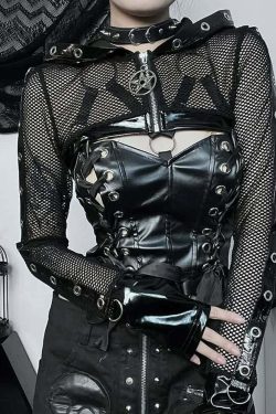 Y2K Gothic Punk Devil Pentagram Mesh Leather Cropped Hoodie - 90s Grunge Retro Style
