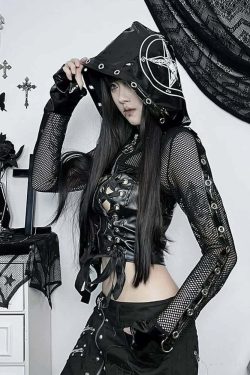 Y2K Gothic Punk Devil Pentagram Mesh Leather Cropped Hoodie - 90s Grunge Retro Style