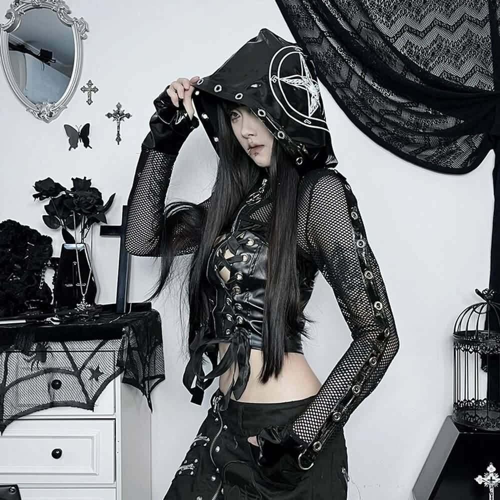 Y2K Gothic Punk Devil Pentagram Mesh Leather Cropped Hoodie - 90s Grunge Retro Style