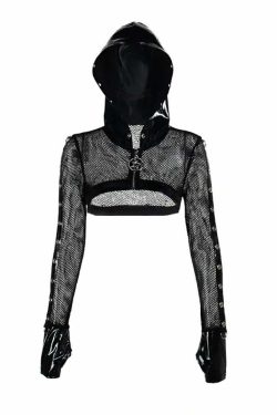 Y2K Gothic Punk Devil Pentagram Mesh Leather Cropped Hoodie - 90s Grunge Retro Style