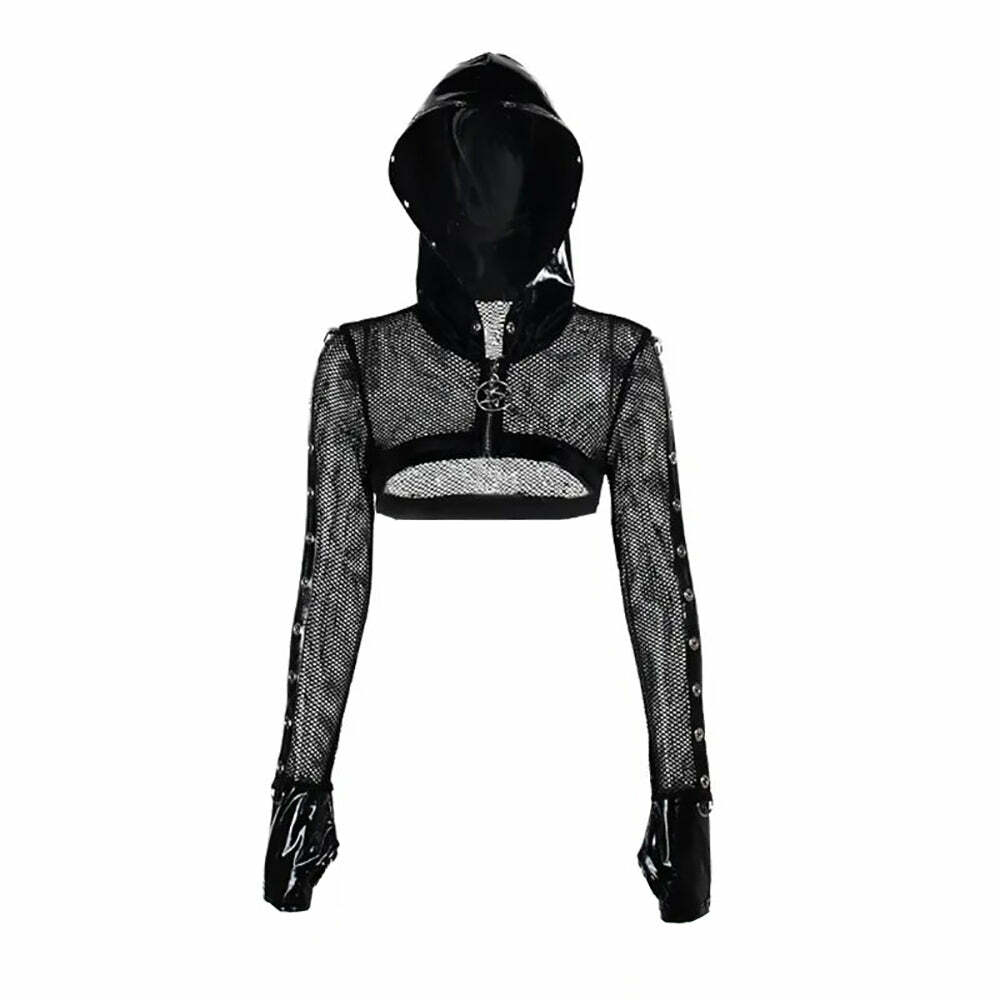 Y2K Gothic Punk Devil Pentagram Mesh Leather Cropped Hoodie - 90s Grunge Retro Style