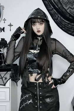 Y2K Gothic Punk Devil Pentagram Mesh Leather Cropped Hoodie - 90s Grunge Retro Style