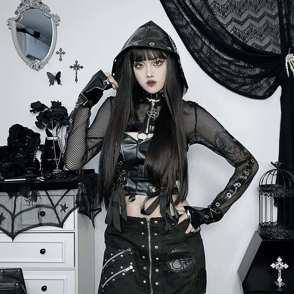 Y2K Gothic Punk Devil Pentagram Mesh Leather Cropped Hoodie - 90s Grunge Retro Style