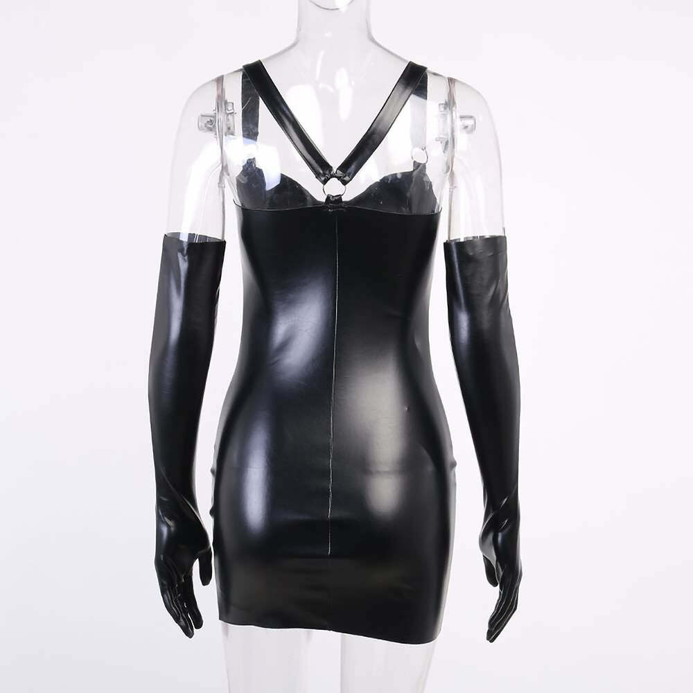 Y2K Gothic Punk Faux Leather Bodycon Dress with Opera Gloves - Retro 90s Grunge Outfit