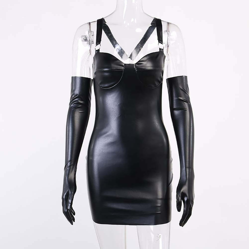 Y2K Gothic Punk Faux Leather Bodycon Dress with Opera Gloves - Retro 90s Grunge Outfit