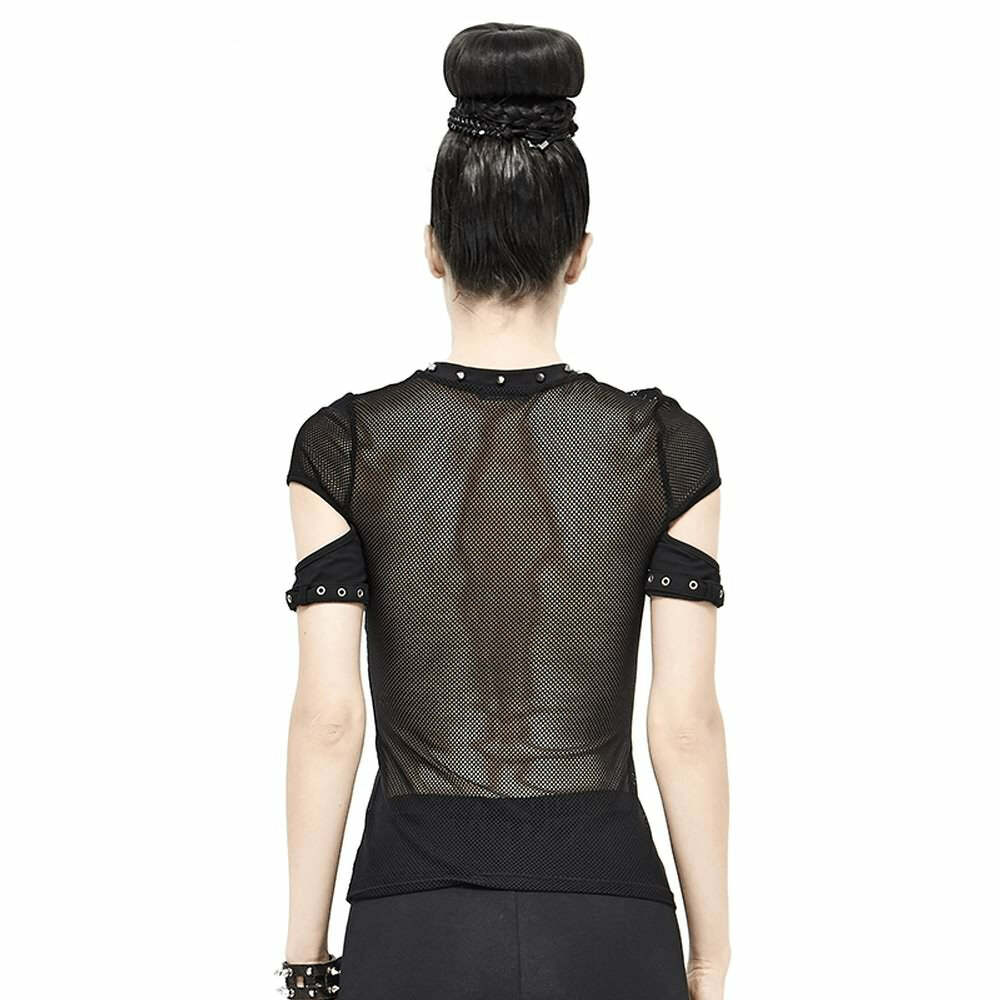 Y2K Gothic Punk Fishnet Mesh Cut Out T-shirt - Retro 90s Grunge Summer Outfit