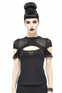 Y2K Gothic Punk Fishnet Mesh Cut Out T-shirt - Retro 90s Grunge Summer Outfit