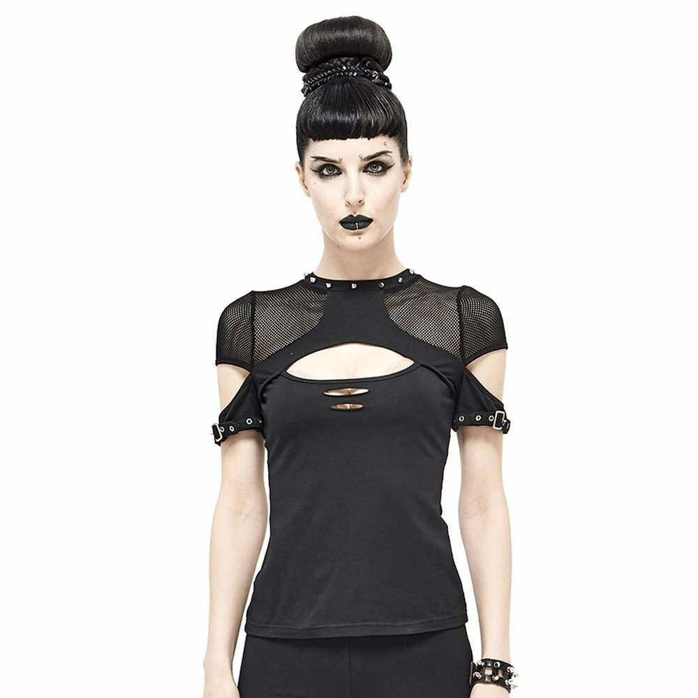 Y2K Gothic Punk Fishnet Mesh Cut Out T-shirt - Retro 90s Grunge Summer Outfit