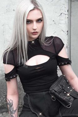 Y2K Gothic Punk Fishnet Mesh Cut Out T-shirt - Retro 90s Grunge Summer Outfit
