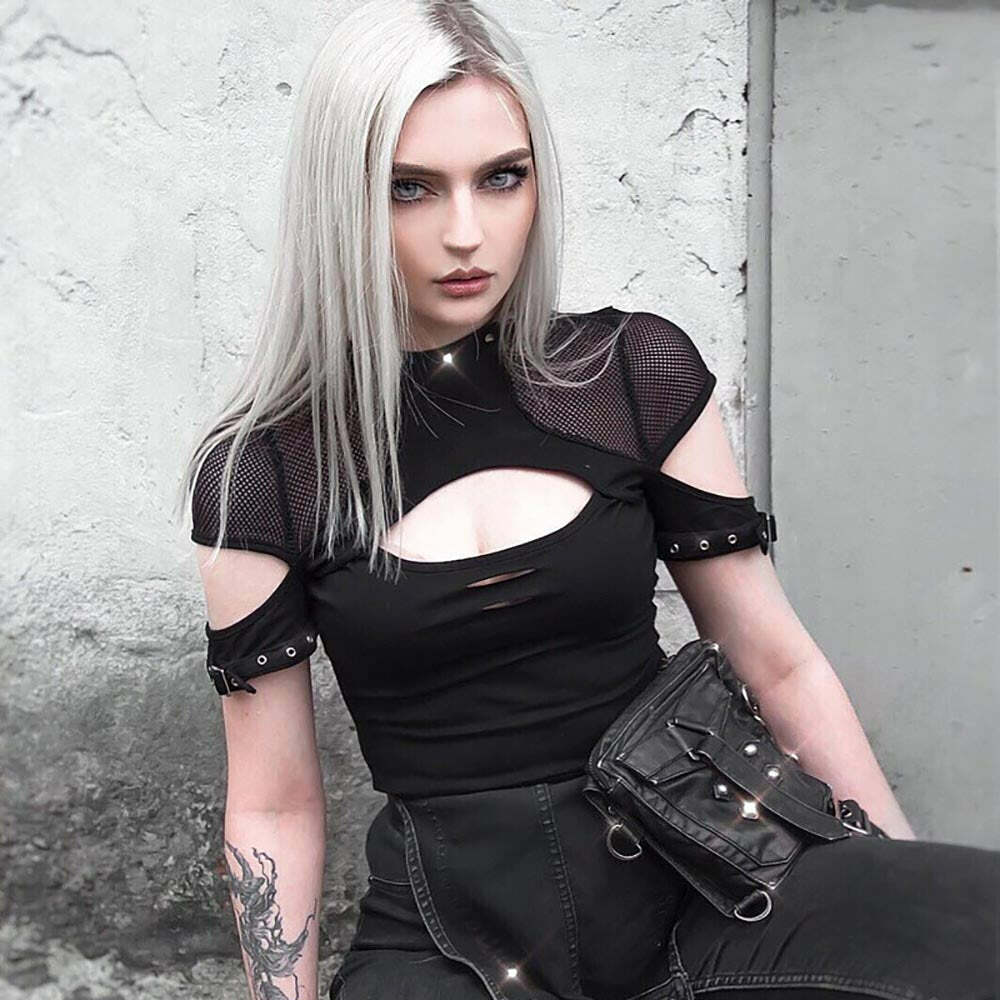 Y2K Gothic Punk Fishnet Mesh Cut Out T-shirt - Retro 90s Grunge Summer Outfit