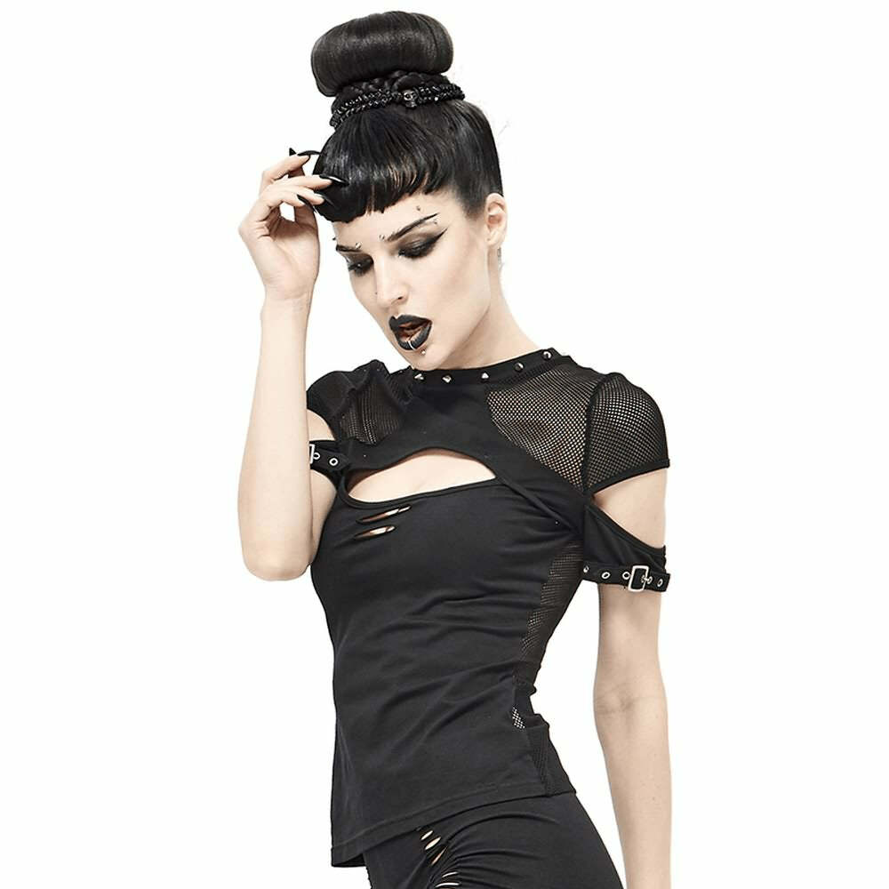 Y2K Gothic Punk Fishnet Mesh Cut Out T-shirt - Retro 90s Grunge Summer Outfit