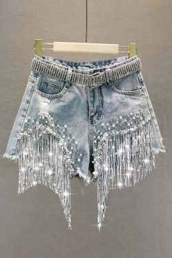 Y2K Gothic Punk Fringe Denim Shorts - 90s Grunge Summer Outfit, Retro Y2K Fashion