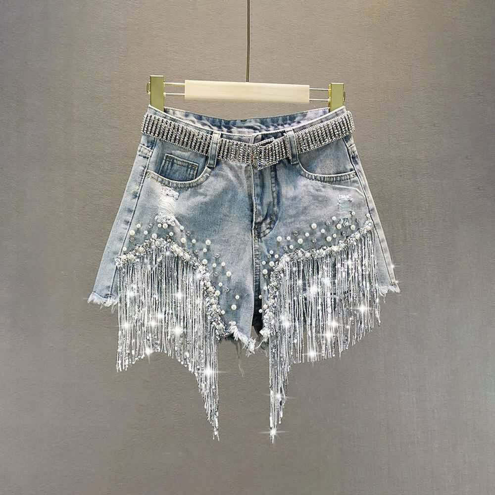 Y2K Gothic Punk Fringe Denim Shorts - 90s Grunge Summer Outfit, Retro Y2K Fashion