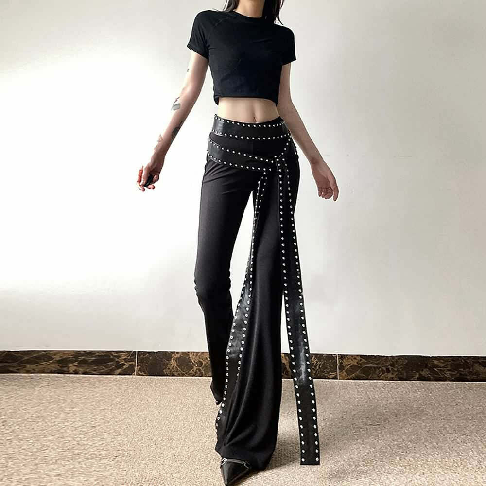 Y2K Gothic Punk High Waist Flare Pants - Retro 90s Grunge, Summer Y2K Outfits, Pastel Goth