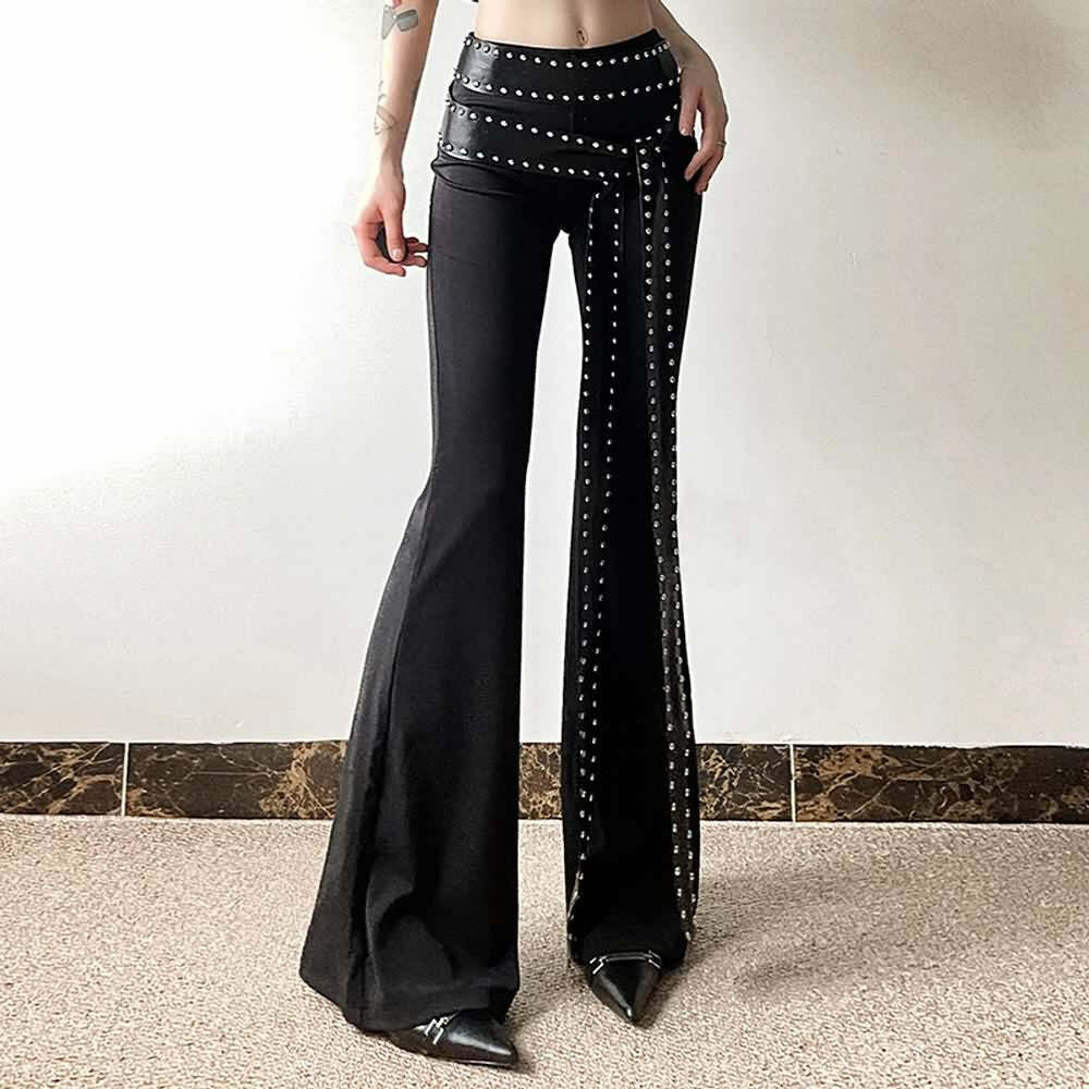 Y2K Gothic Punk High Waist Flare Pants - Retro 90s Grunge, Summer Y2K Outfits, Pastel Goth