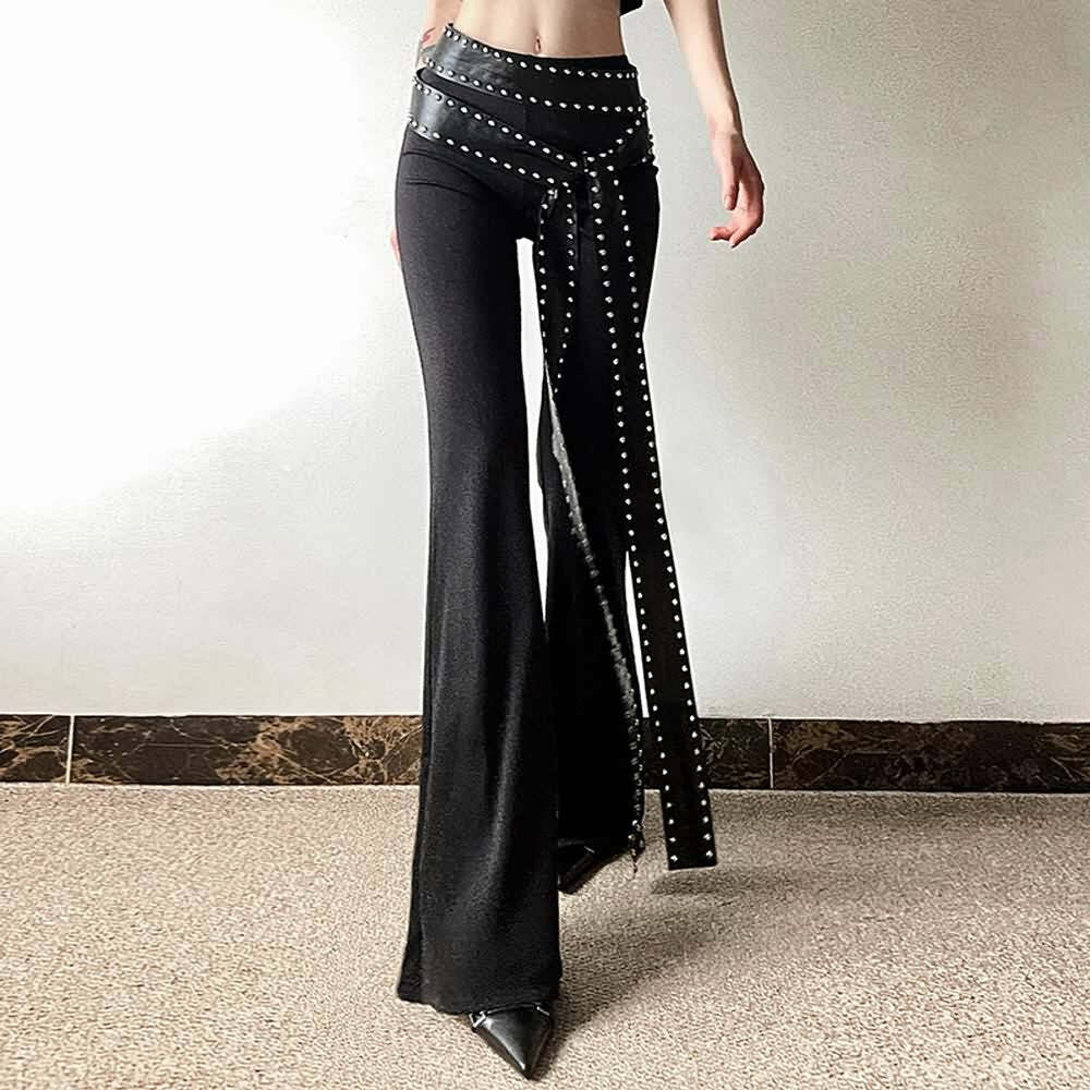 Y2K Gothic Punk High Waist Flare Pants - Retro 90s Grunge, Summer Y2K Outfits, Pastel Goth