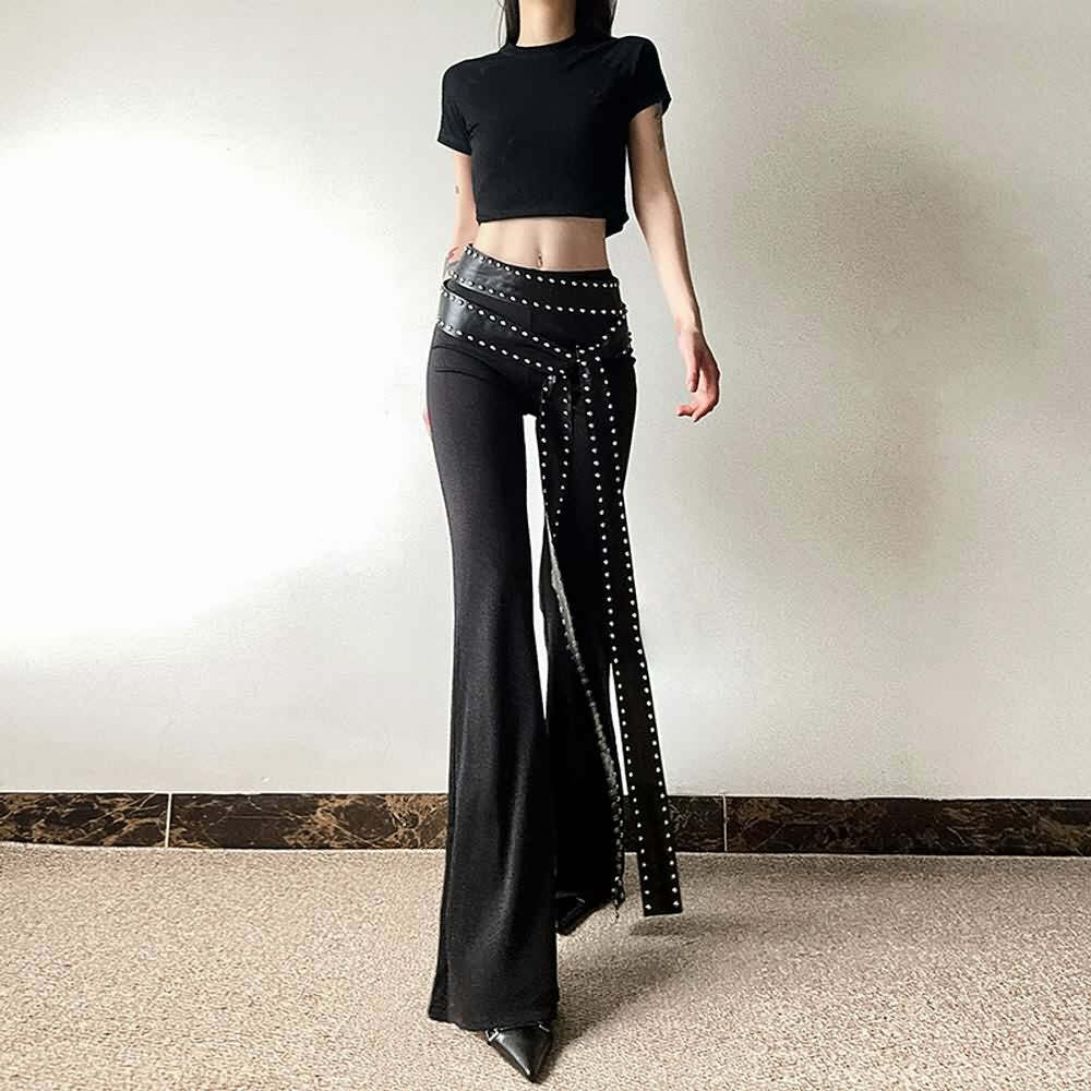 Y2K Gothic Punk High Waist Flare Pants - Retro 90s Grunge, Summer Y2K Outfits, Pastel Goth