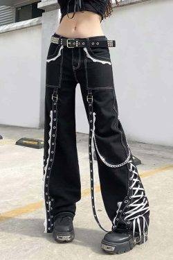 Y2K Gothic Punk Lace-Up Baggy Jeans - Retro 90s Grunge Fashion for Summer Outfits