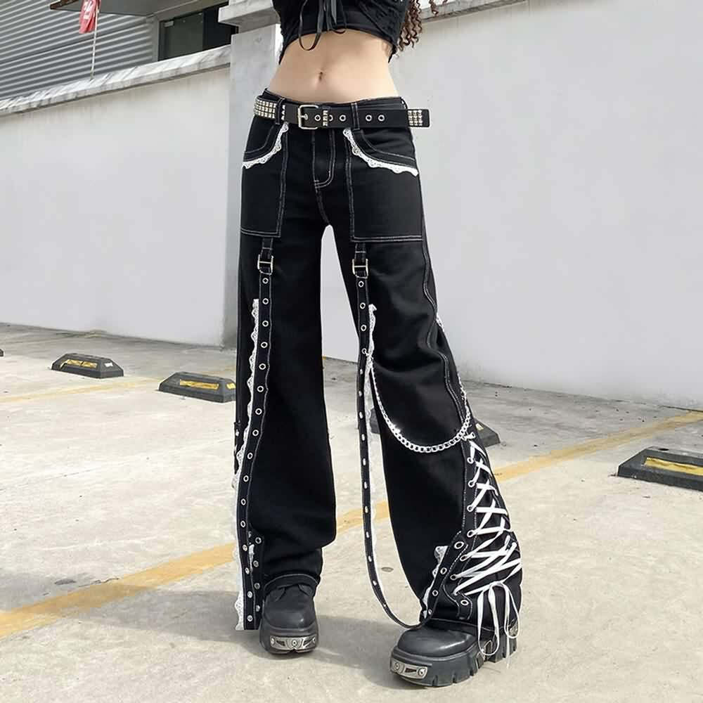 Y2K Gothic Punk Lace-Up Baggy Jeans - Retro 90s Grunge Fashion for Summer Outfits
