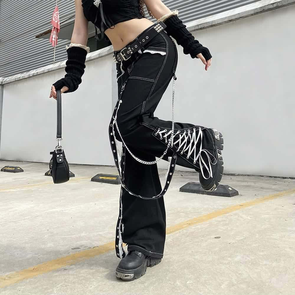 Y2K Gothic Punk Lace-Up Baggy Jeans - Retro 90s Grunge Fashion for Summer Outfits