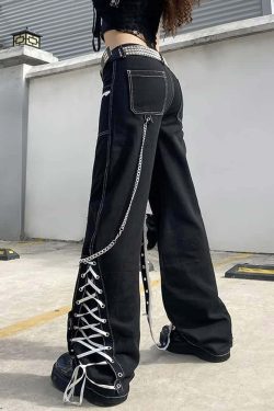Y2K Gothic Punk Lace-Up Baggy Jeans - Retro 90s Grunge Fashion for Summer Outfits