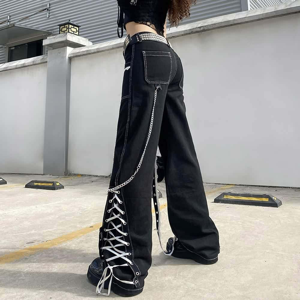 Y2K Gothic Punk Lace-Up Baggy Jeans - Retro 90s Grunge Fashion for Summer Outfits