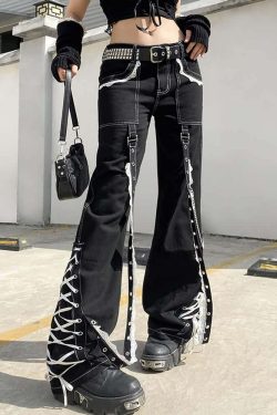 Y2K Gothic Punk Lace-Up Baggy Jeans - Retro 90s Grunge Fashion for Summer Outfits