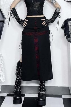 Y2K Gothic Punk Lace-Up Slit Midi Skirt - Retro 90s Grunge Summer Outfit