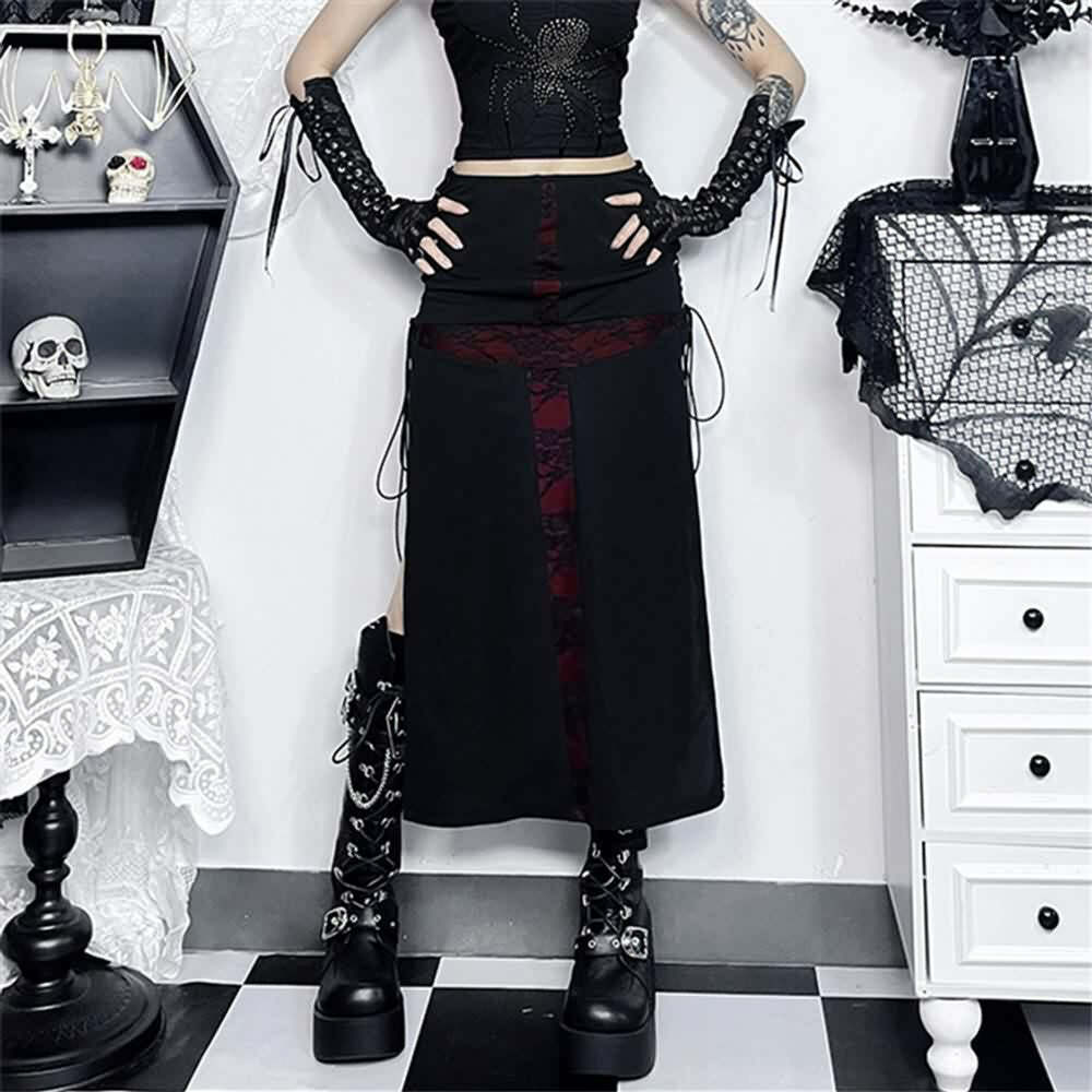 Y2K Gothic Punk Lace-Up Slit Midi Skirt - Retro 90s Grunge Summer Outfit