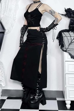 Y2K Gothic Punk Lace-Up Slit Midi Skirt - Retro 90s Grunge Summer Outfit