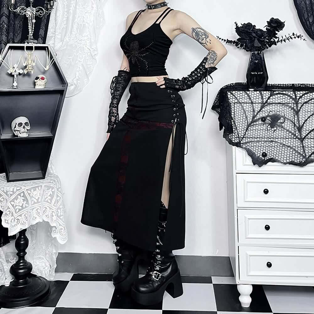Y2K Gothic Punk Lace-Up Slit Midi Skirt - Retro 90s Grunge Summer Outfit