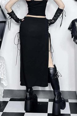Y2K Gothic Punk Lace-Up Slit Midi Skirt - Retro 90s Grunge Summer Outfit