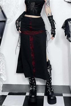 Y2K Gothic Punk Lace-Up Slit Midi Skirt - Retro 90s Grunge Summer Outfit