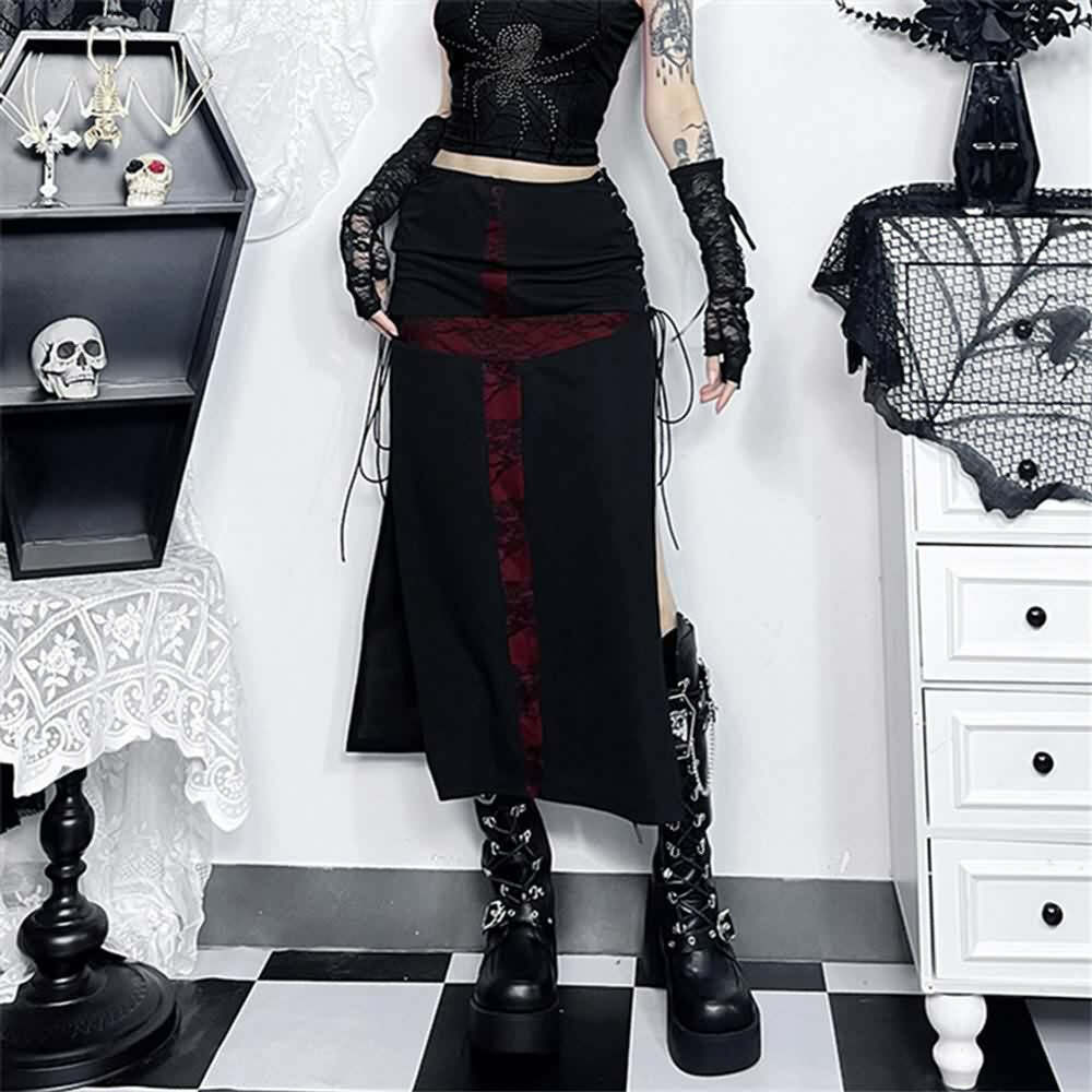 Y2K Gothic Punk Lace-Up Slit Midi Skirt - Retro 90s Grunge Summer Outfit
