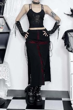Y2K Gothic Punk Lace-Up Slit Midi Skirt - Retro 90s Grunge Summer Outfit